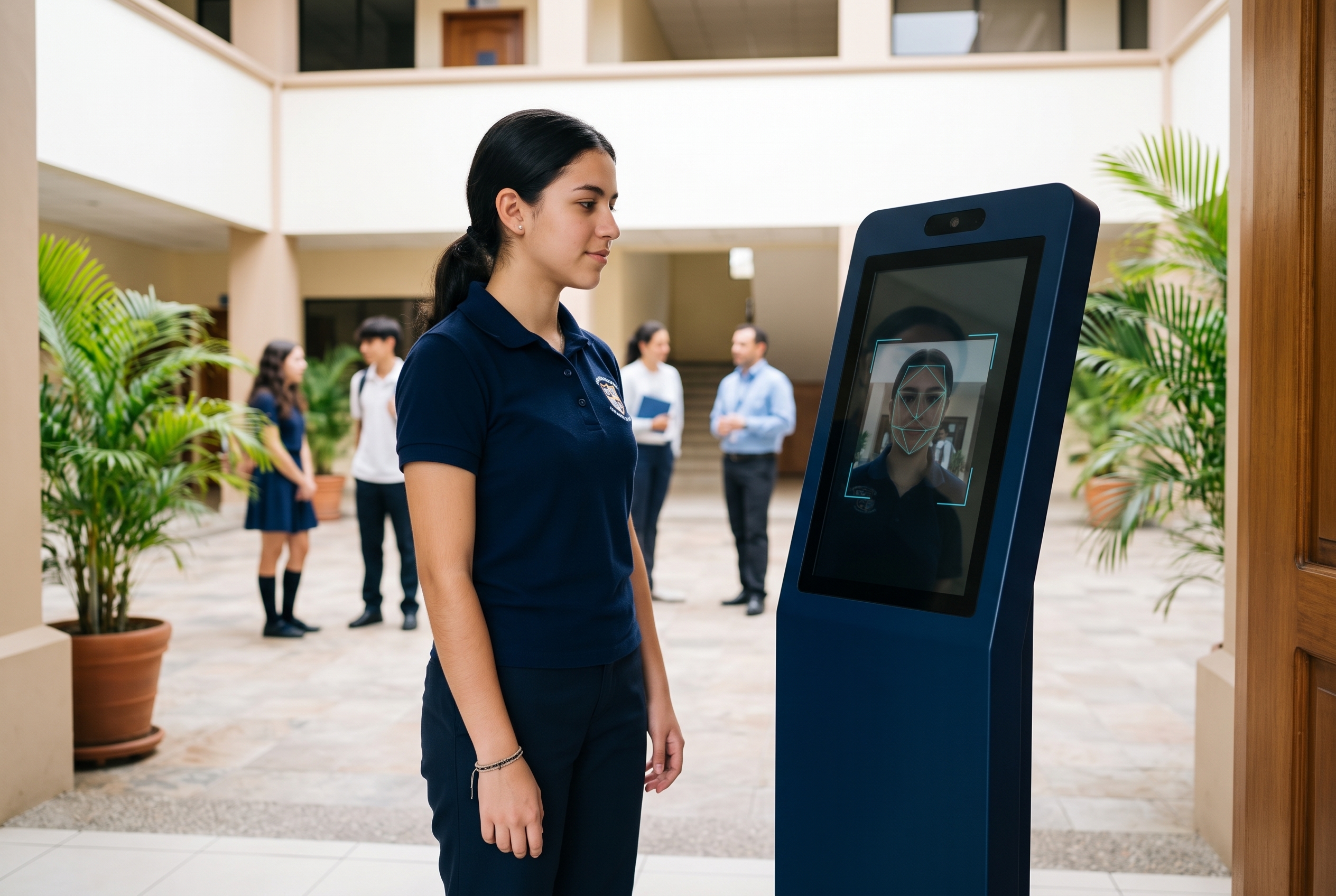Alumna frente a un kiosco de reconocimiento facial en el plantel