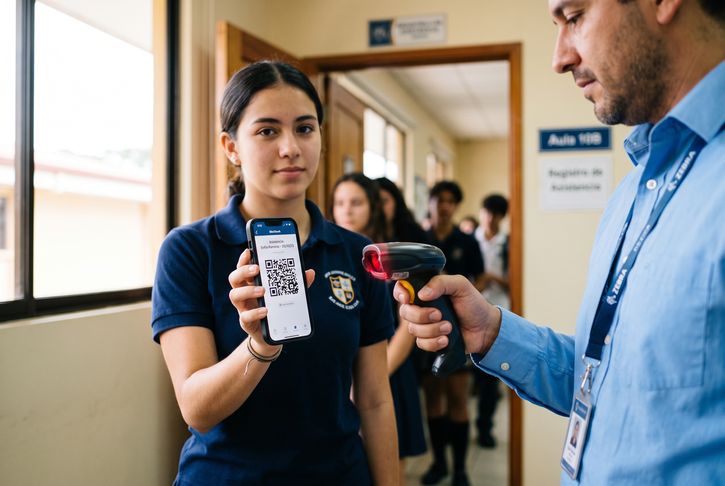 Alumna muestra un código QR en el teléfono para registrar asistencia